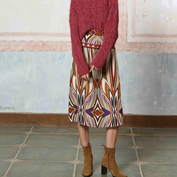 Anthropologie see u soon Patterned printed midi Brown Skirt - Picture 1 of 9